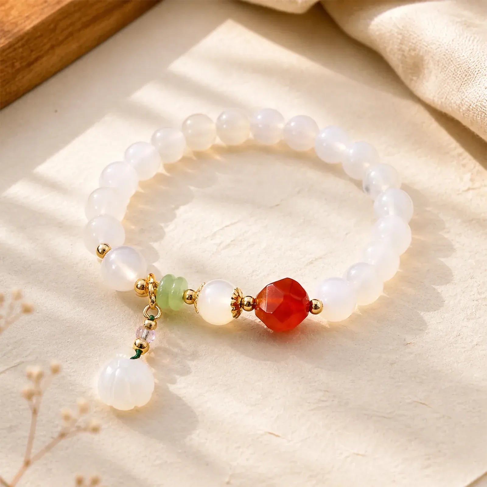 White Agate Red Agate Lotus Pod Charm Luck Bracelet featuring White Agate, Red Agate, Lotus