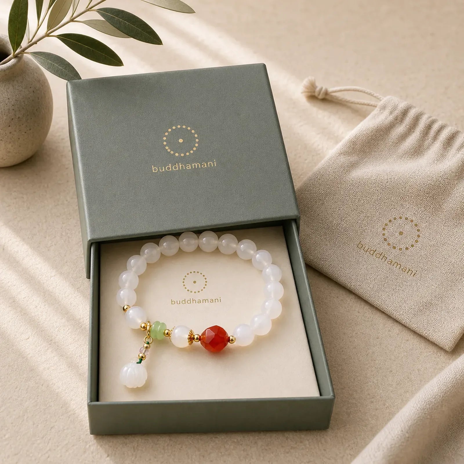 White Agate Red Agate Lotus Pod Charm Luck Bracelet featuring White Agate, Red Agate, Lotus