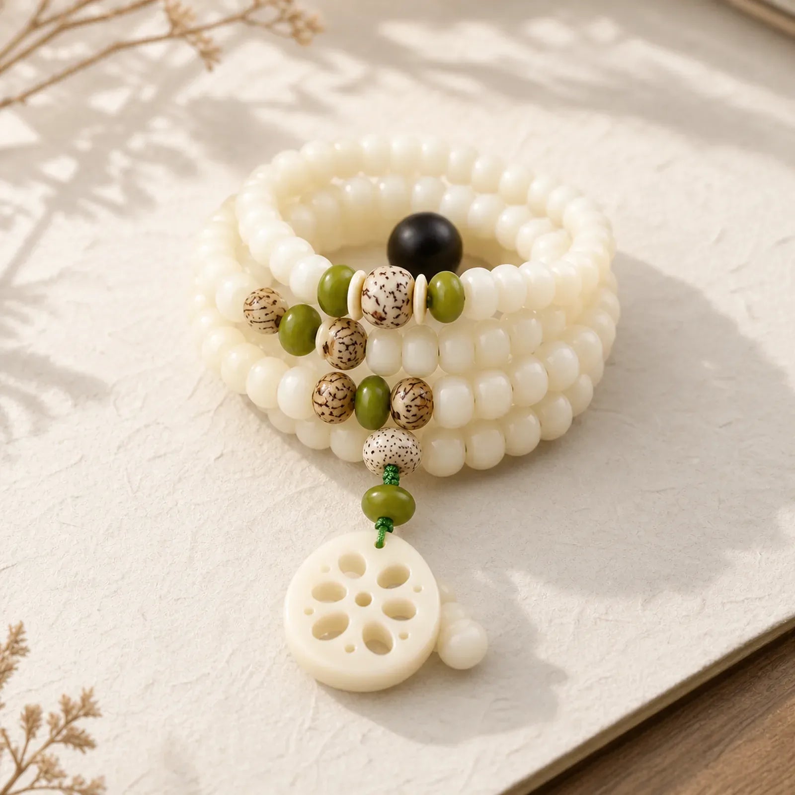 White Bodhi Seed Mala 108 Beads Luck Bracelet featuring Bodhi Seed, Jade