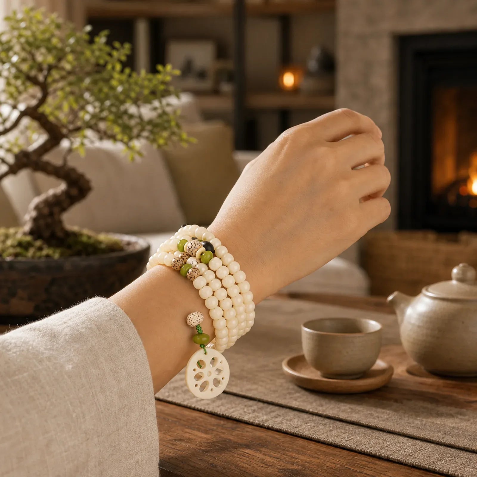 White Bodhi Seed Mala 108 Beads Luck Bracelet featuring Bodhi Seed, Jade