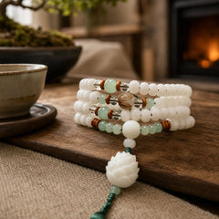 White Bodhi Seed Mala 108 Beads Protection Bracelet featuring Bodhi Seed, Jade