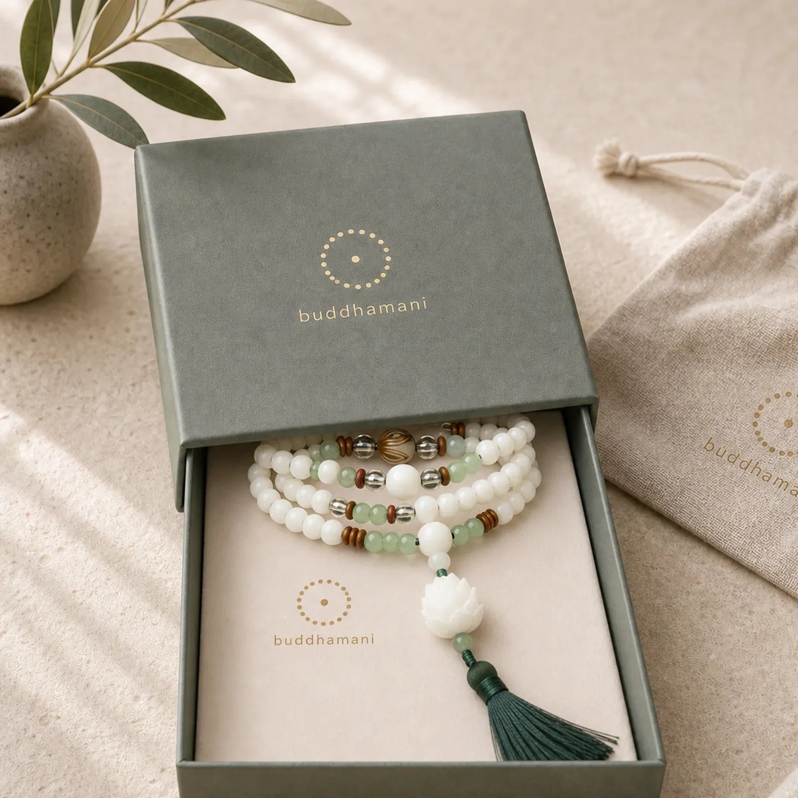 White Bodhi Seed Mala 108 Beads Protection Bracelet featuring Bodhi Seed, Jade