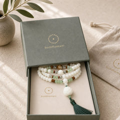 White Bodhi Seed Mala 108 Beads Protection Bracelet featuring Bodhi Seed, Jade