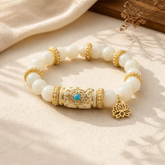 White Bodhi Seed Resin Barrel Bead Lotus Pendant Round Meditation Bracelet featuring Bodhi Seed, Lotus, Lotus Symbol