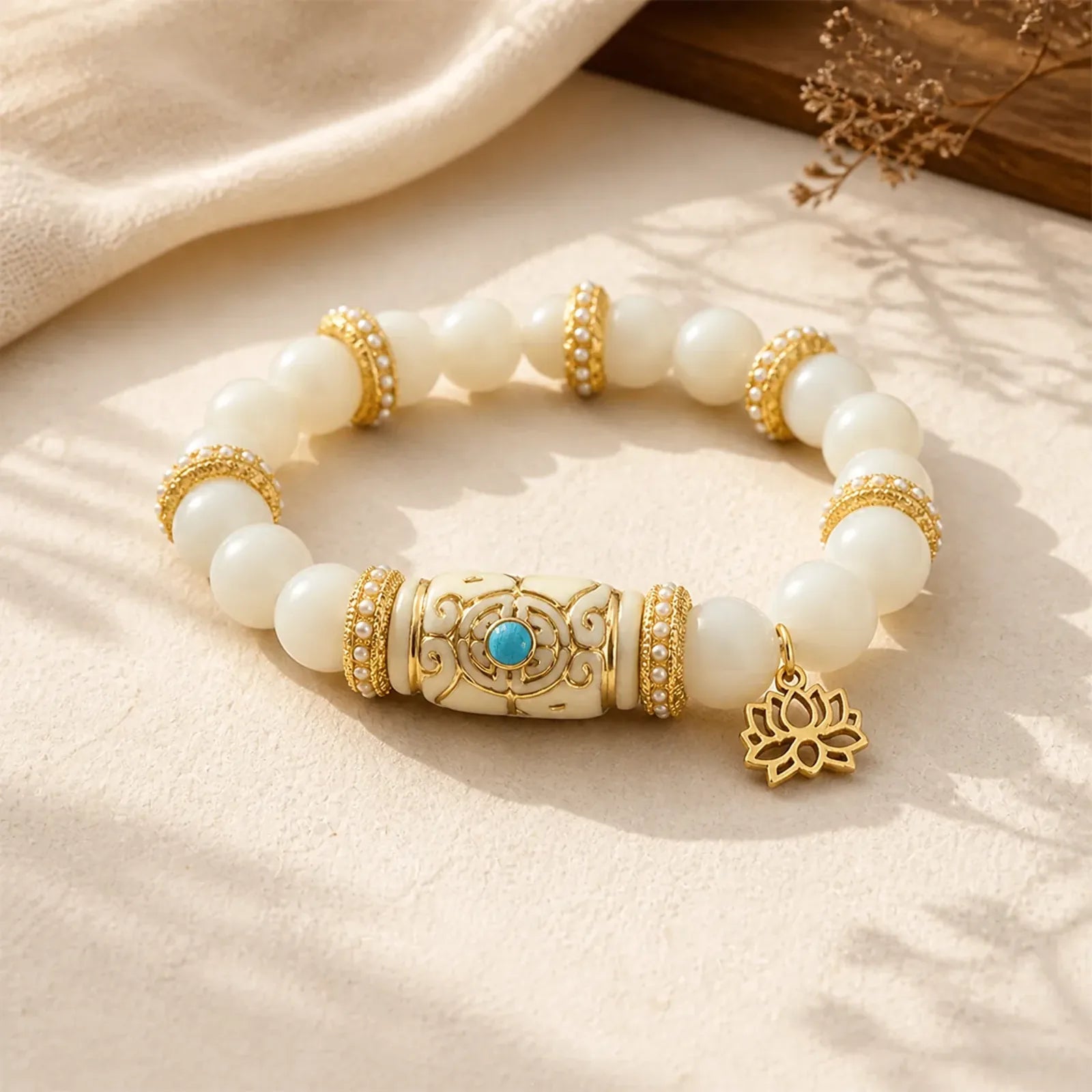 White Bodhi Seed Resin Barrel Bead Lotus Pendant Round Meditation Bracelet featuring Bodhi Seed, Lotus, Lotus Symbol