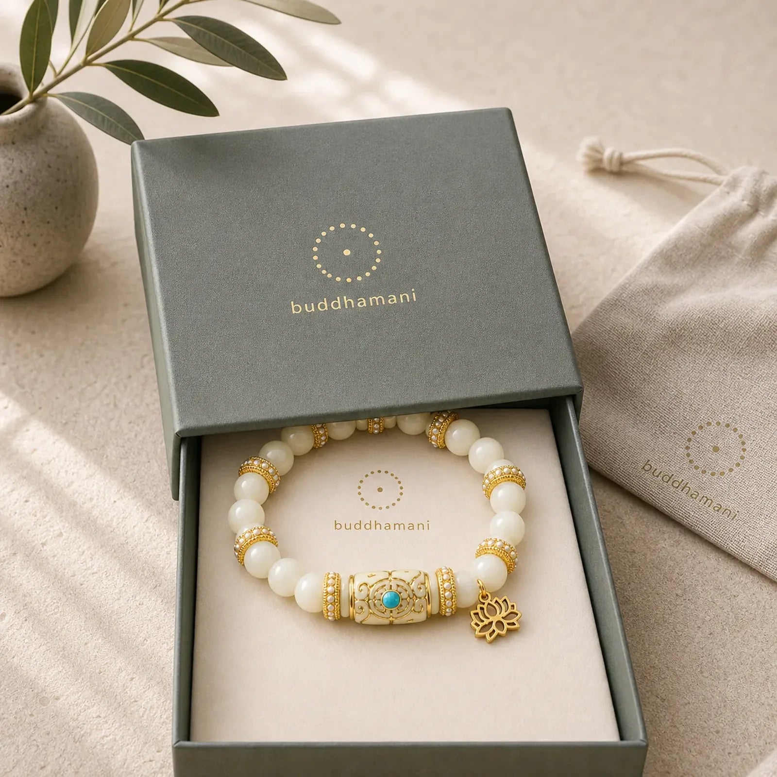 White Bodhi Seed Resin Barrel Bead Lotus Pendant Round Meditation Bracelet featuring Bodhi Seed, Lotus, Lotus Symbol