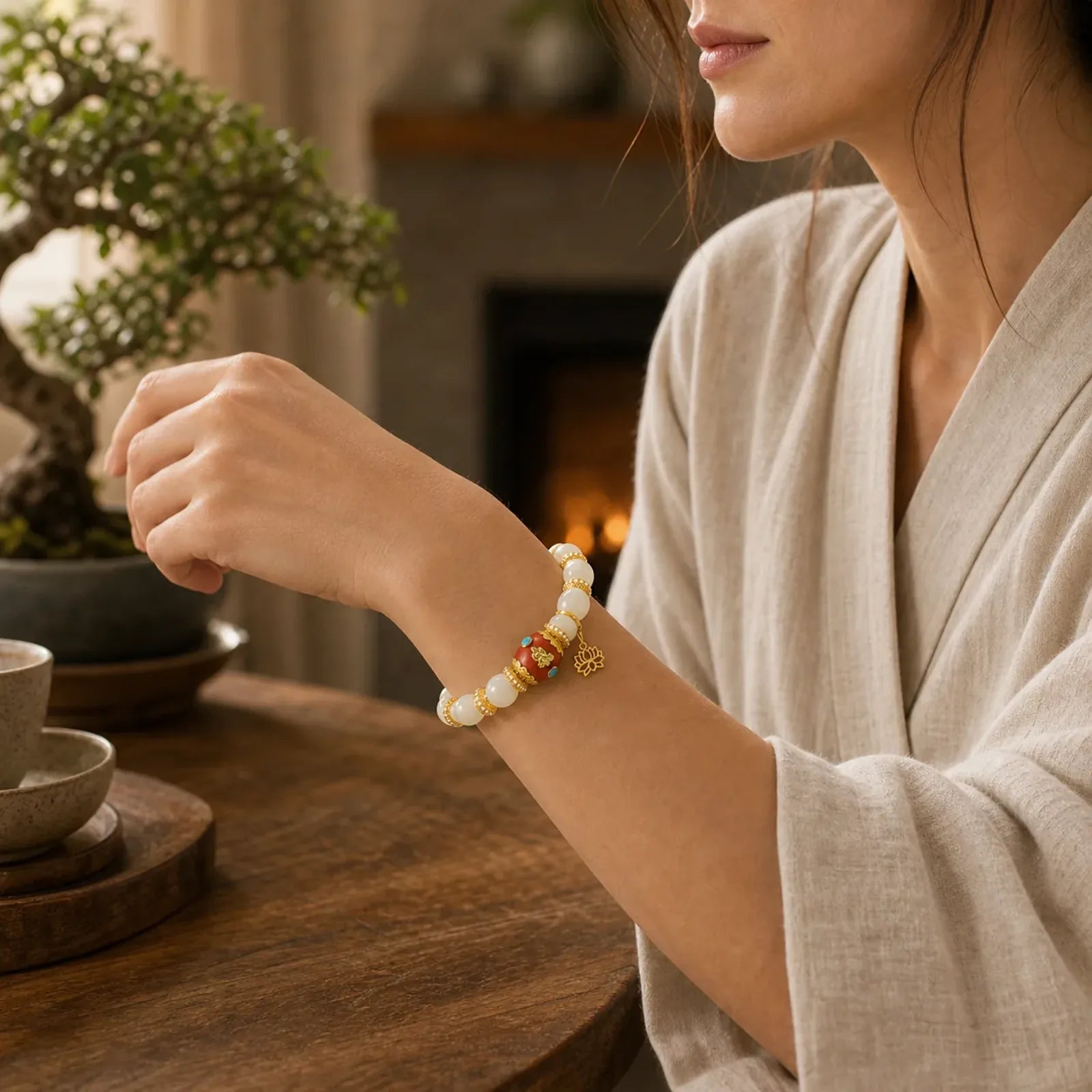 White Bodhi Seed Tibetan Engraved Orange Oval Lotus Pendant Blessing Bead Bracelet featuring Bodhi Seed, Lotus, Lotus Symbol