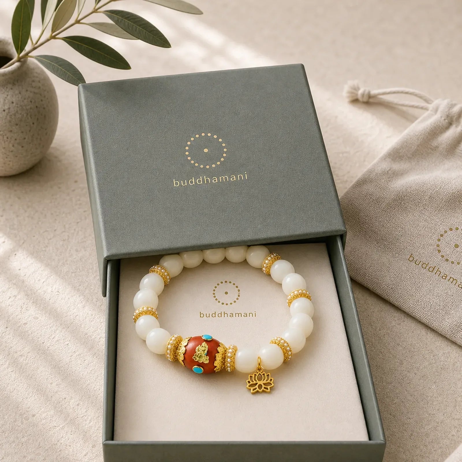 White Bodhi Seed Tibetan Engraved Orange Oval Lotus Pendant Blessing Bead Bracelet featuring Bodhi Seed, Lotus, Lotus Symbol