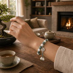 White Bodhi Six True Words Protection Bracelet featuring Om, Jade, Bodhi Seed
