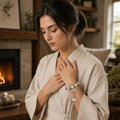 White Bodhi Six True Words Protection Bracelet featuring Om, Jade, Bodhi Seed