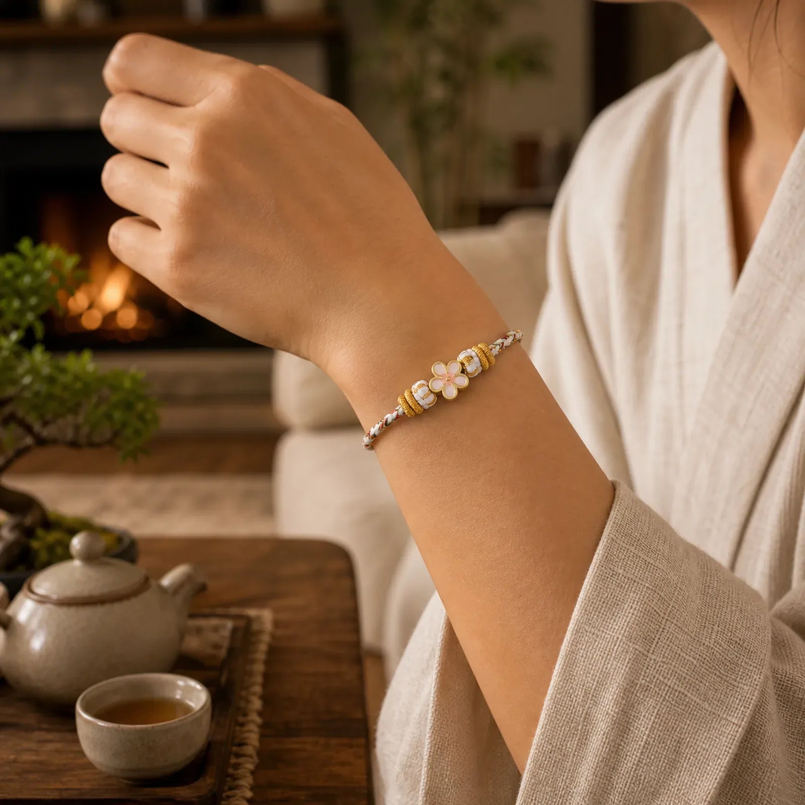 White Braided Rope Flower knowledge Bracelet featuring Red String