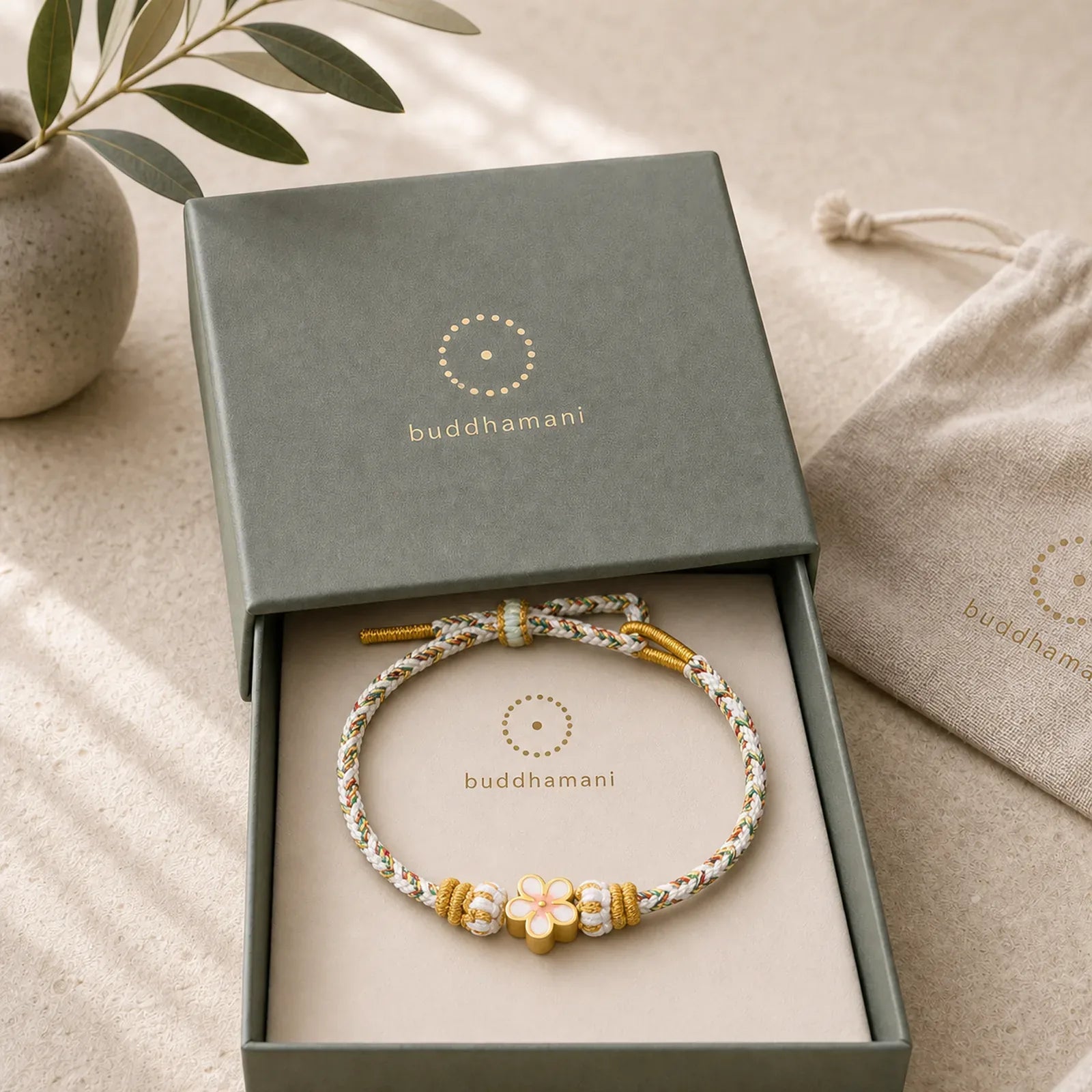 White Braided Rope Flower knowledge Bracelet featuring Red String
