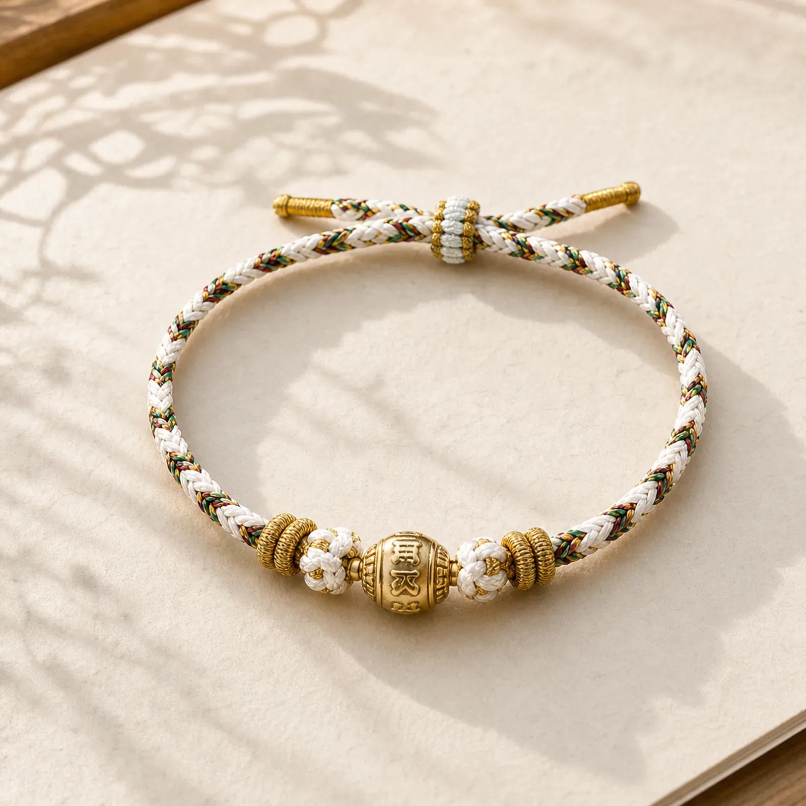 White Braided Rope Om Mani Padme Hum Wisdom Bracelet featuring Om Mani Padme Hum, Om, Six True Words (Om Mani Padme Hum)