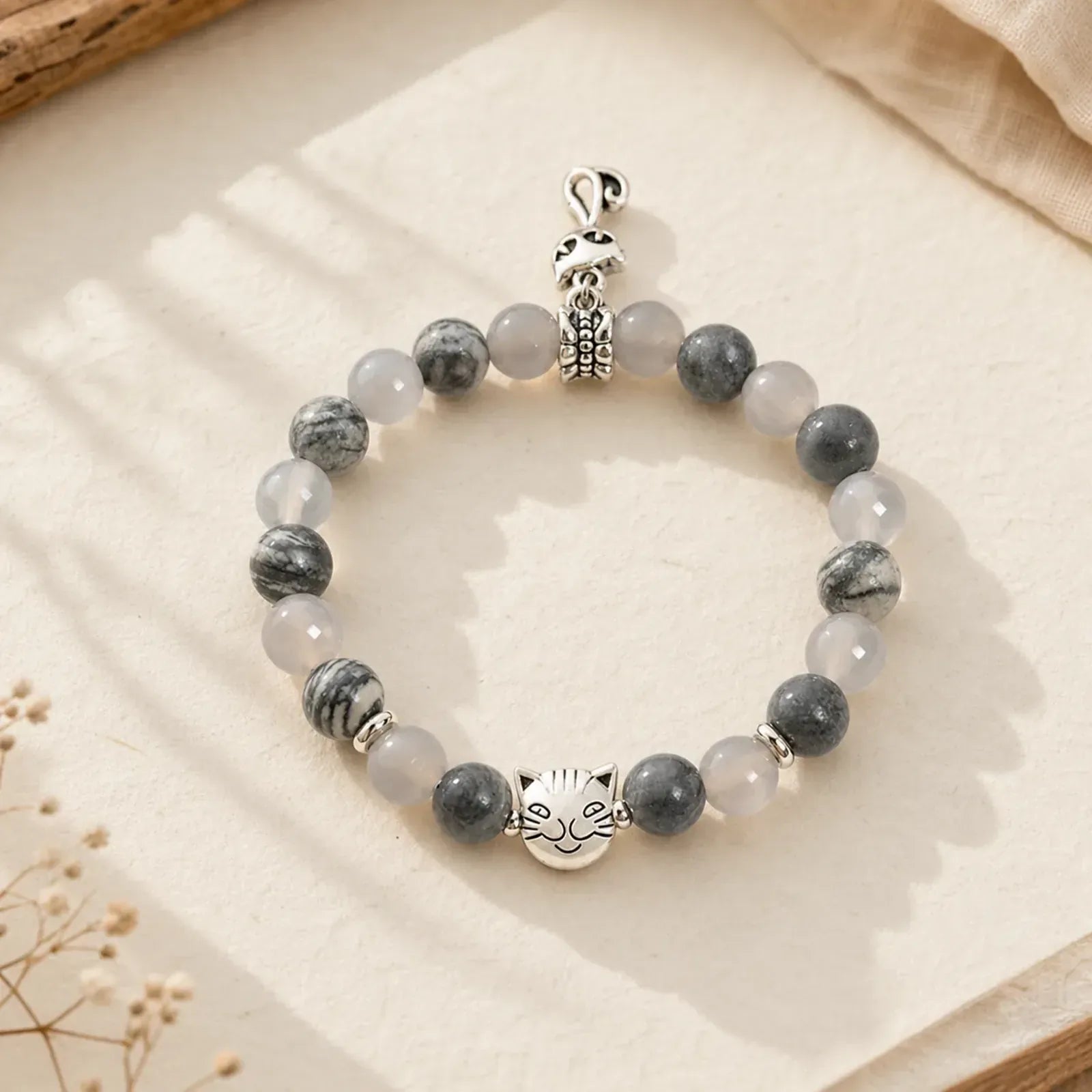 White Cat Natural White Chalcedony Bead Positive Bracelet featuring Chalcedony, Jade