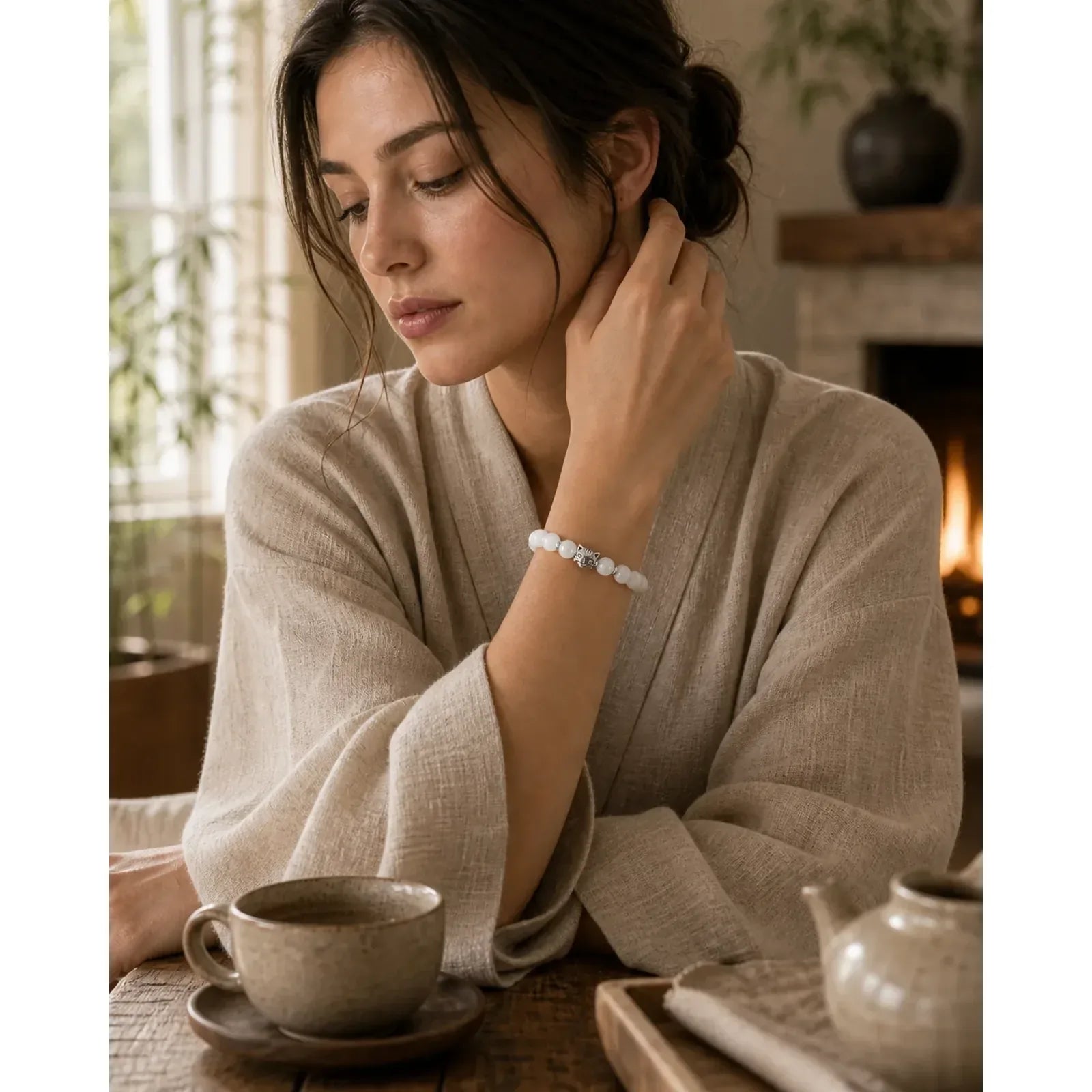White Cat Natural White Chalcedony Bead Positive Bracelet featuring Chalcedony, Jade