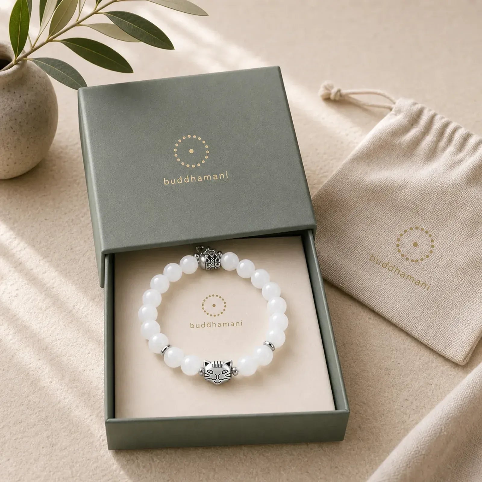 White Cat Natural White Chalcedony Bead Positive Bracelet featuring Chalcedony, Jade