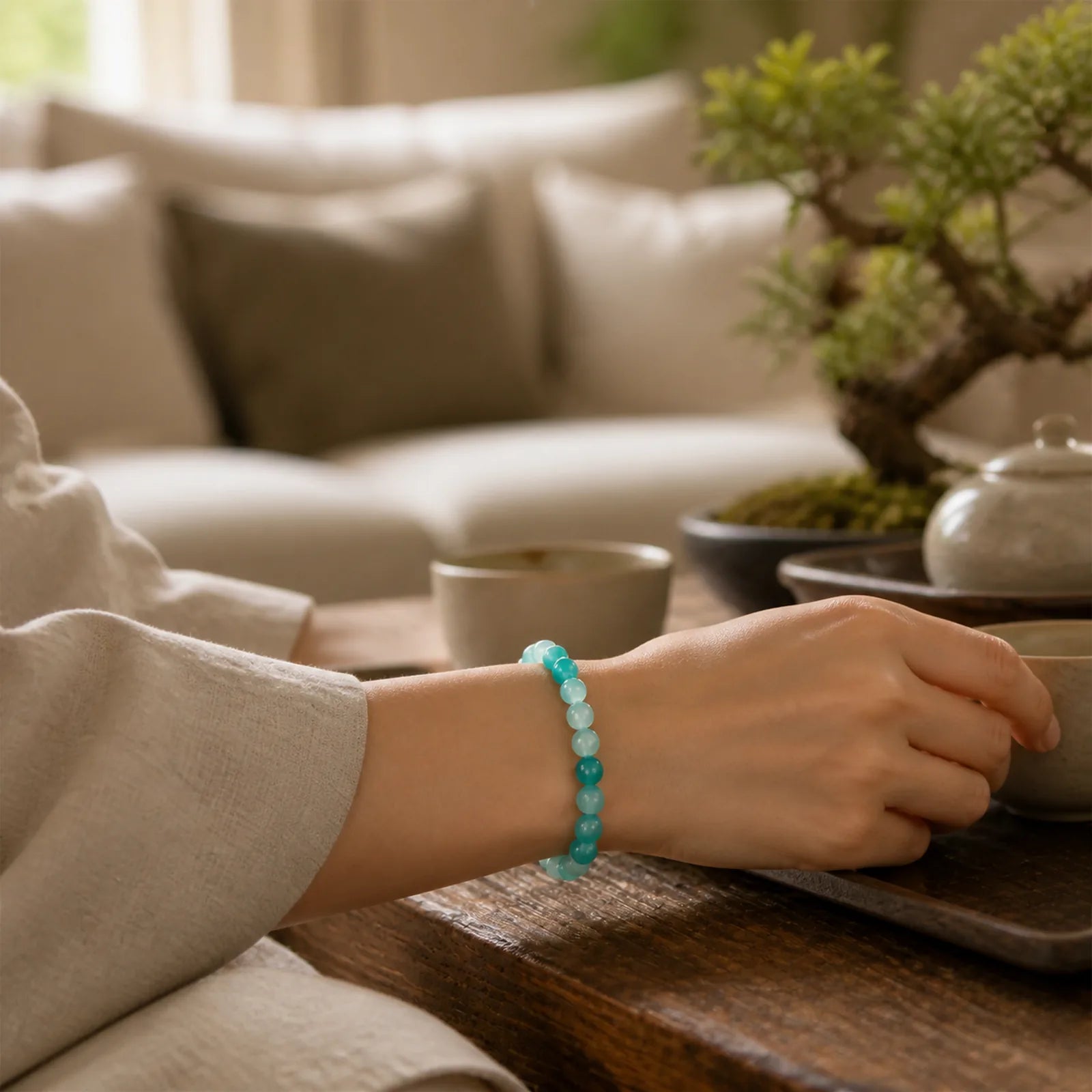 White Chalcedony Emotional Balance Blue Floral Round Bead Bracelet featuring Chalcedony, Jade