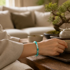 White Chalcedony Emotional Balance Blue Floral Round Bead Bracelet featuring Chalcedony, Jade
