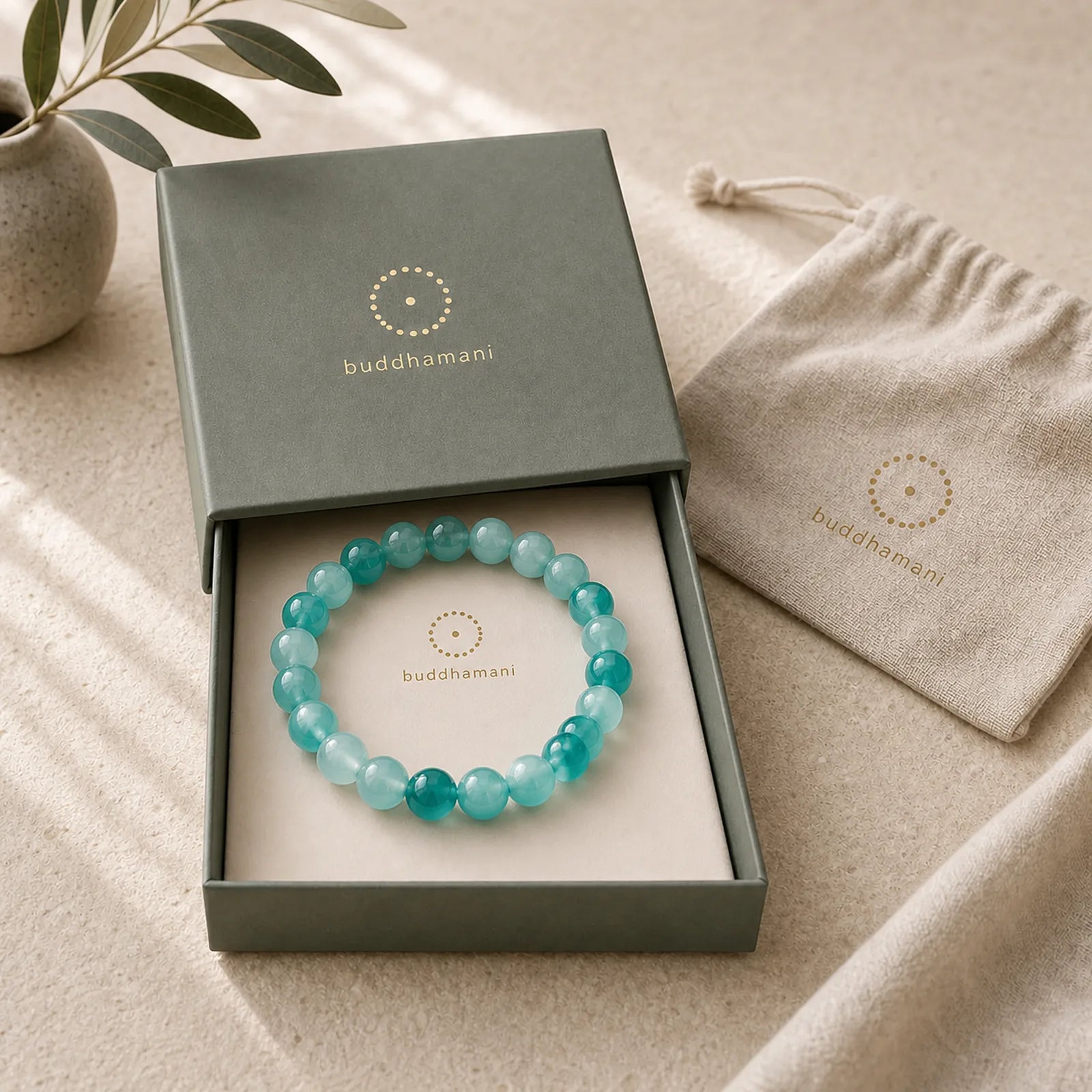 White Chalcedony Emotional Balance Blue Floral Round Bead Bracelet featuring Chalcedony, Jade