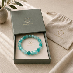 White Chalcedony Emotional Balance Blue Floral Round Bead Bracelet featuring Chalcedony, Jade