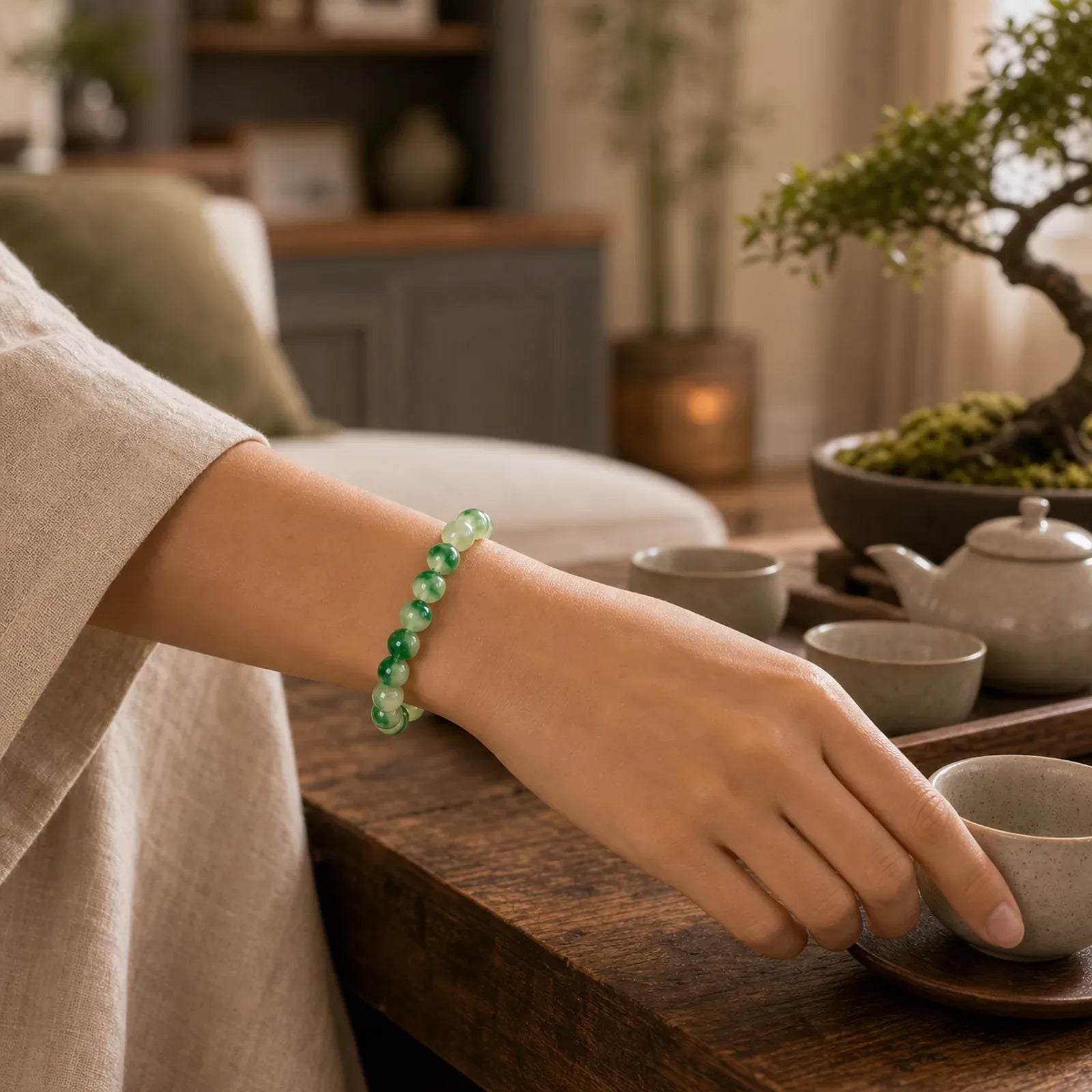 White Chalcedony Healing Green Floating Flower Round Beaded Bracelet featuring Chalcedony, Jade