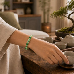 White Chalcedony Healing Green Floating Flower Round Beaded Bracelet featuring Chalcedony, Jade