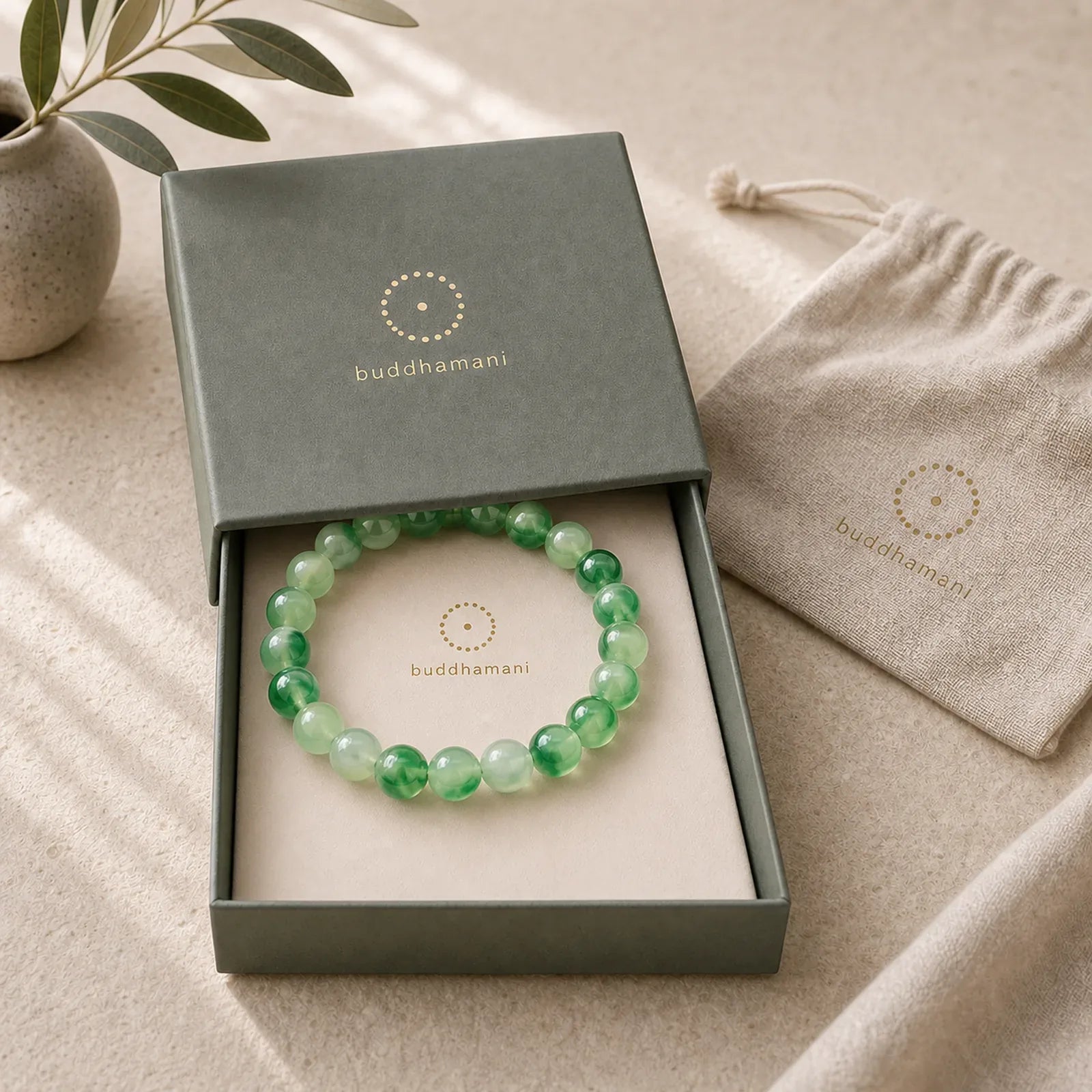 White Chalcedony Healing Green Floating Flower Round Beaded Bracelet featuring Chalcedony, Jade
