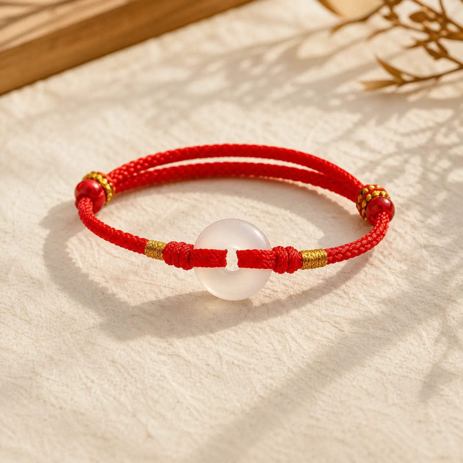 White Chalcedony Peace Buckle Braided Connection Bracelet featuring Chalcedony, Peace Buckle, Red String