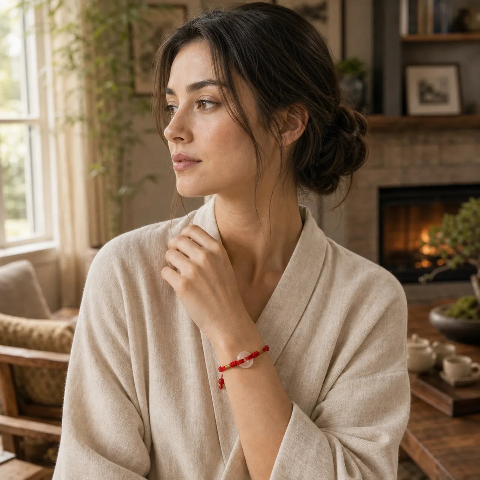 White Chalcedony Peace Buckle Braided Connection Bracelet featuring Chalcedony, Peace Buckle, Red String