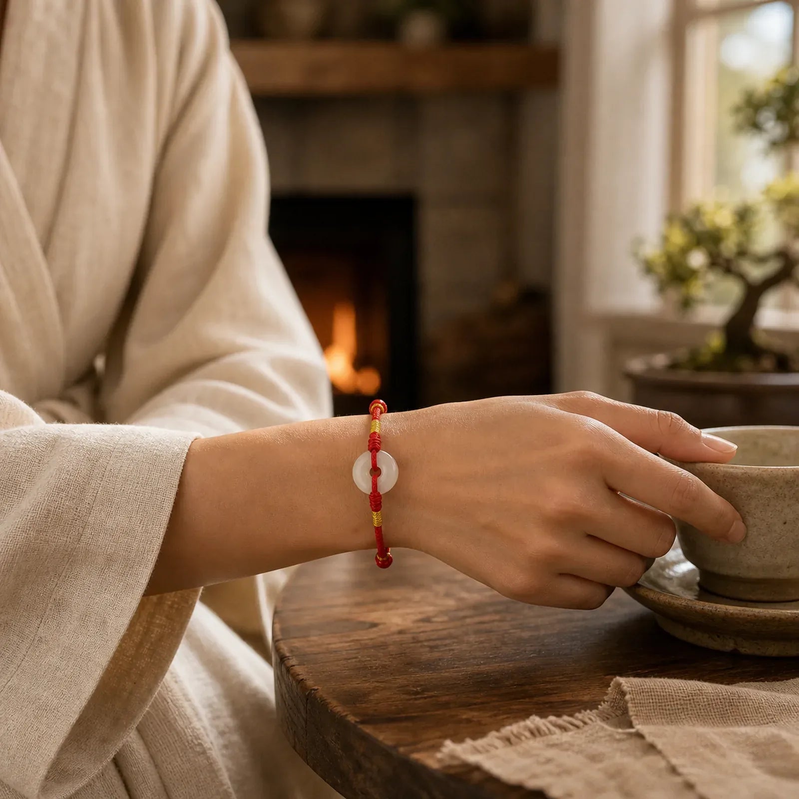 White Chalcedony Peace Buckle Braided Connection Bracelet featuring Chalcedony, Peace Buckle, Red String