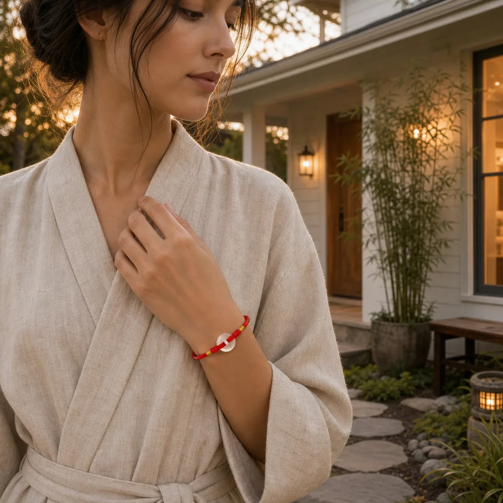 White Chalcedony Peace Buckle Braided Connection Bracelet featuring Chalcedony, Peace Buckle, Red String