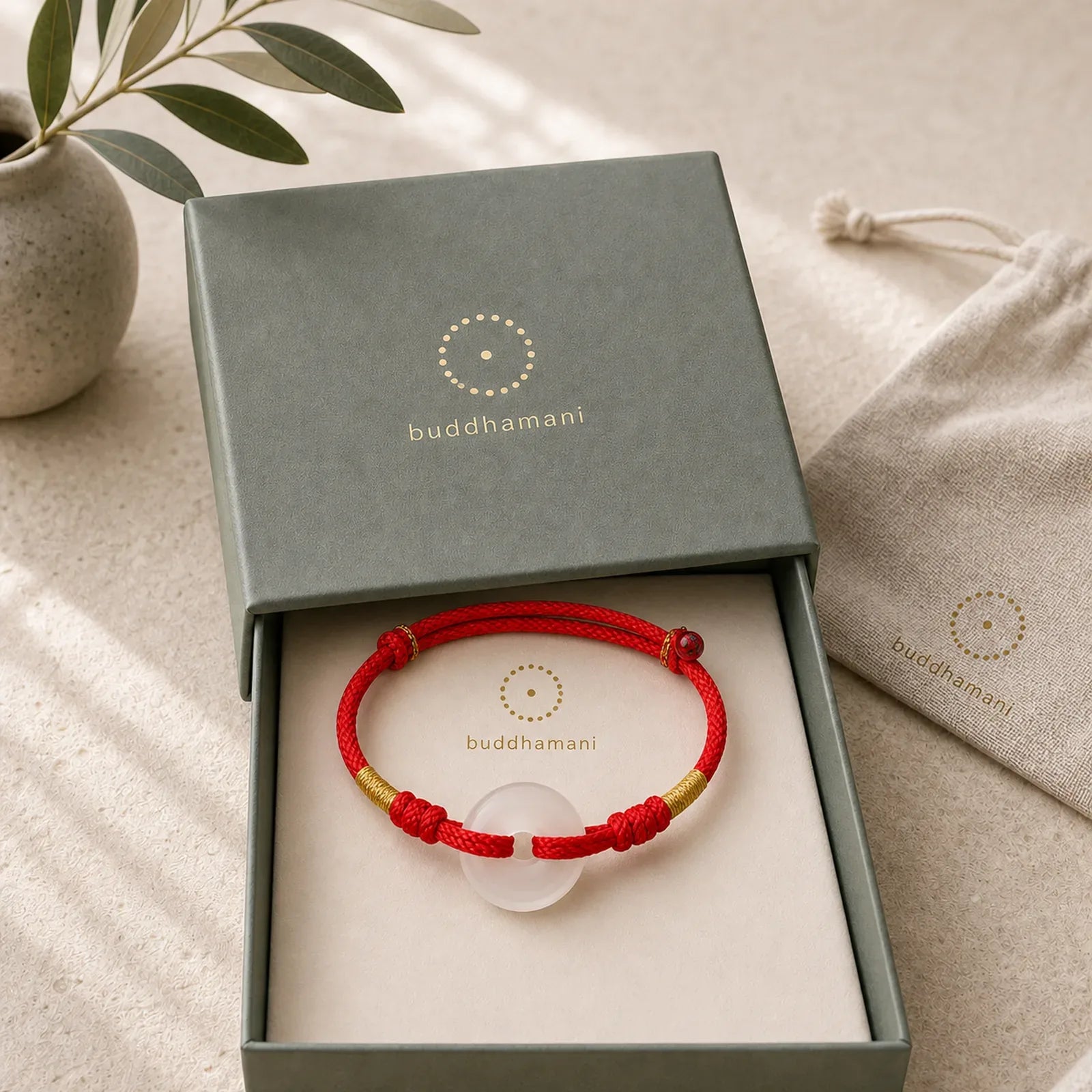 White Chalcedony Peace Buckle Braided Connection Bracelet featuring Chalcedony, Peace Buckle, Red String