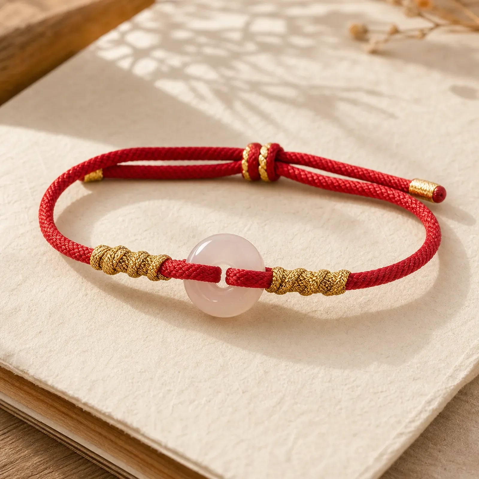 White Chalcedony Peace Buckle Connection Rope Knot Bracelet featuring Chalcedony, Peace Buckle, Red String