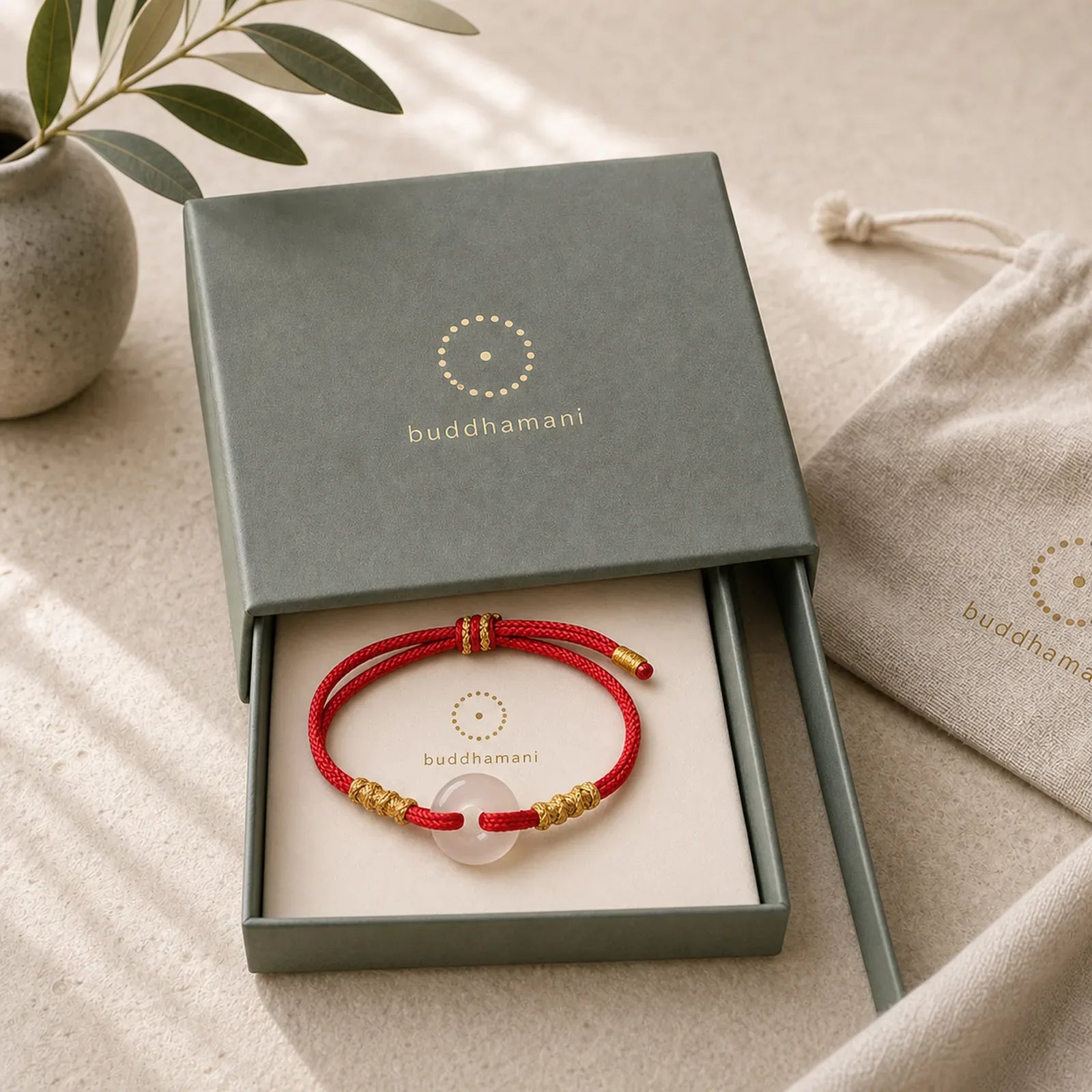 White Chalcedony Peace Buckle Connection Rope Knot Bracelet featuring Chalcedony, Peace Buckle, Red String