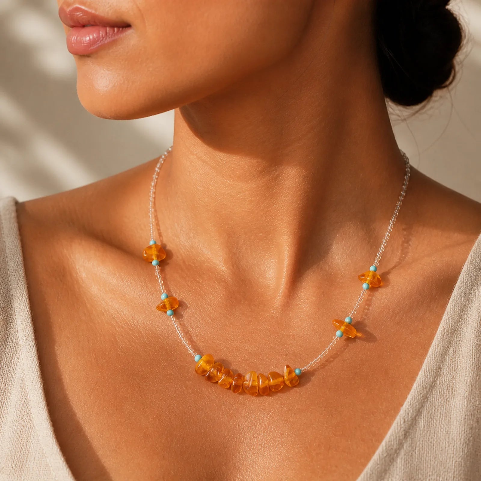 White Crystal Bead Irregular Amber Clarity Necklace Pendant featuring Clear Quartz / White Crystal, Amber, Turquoise