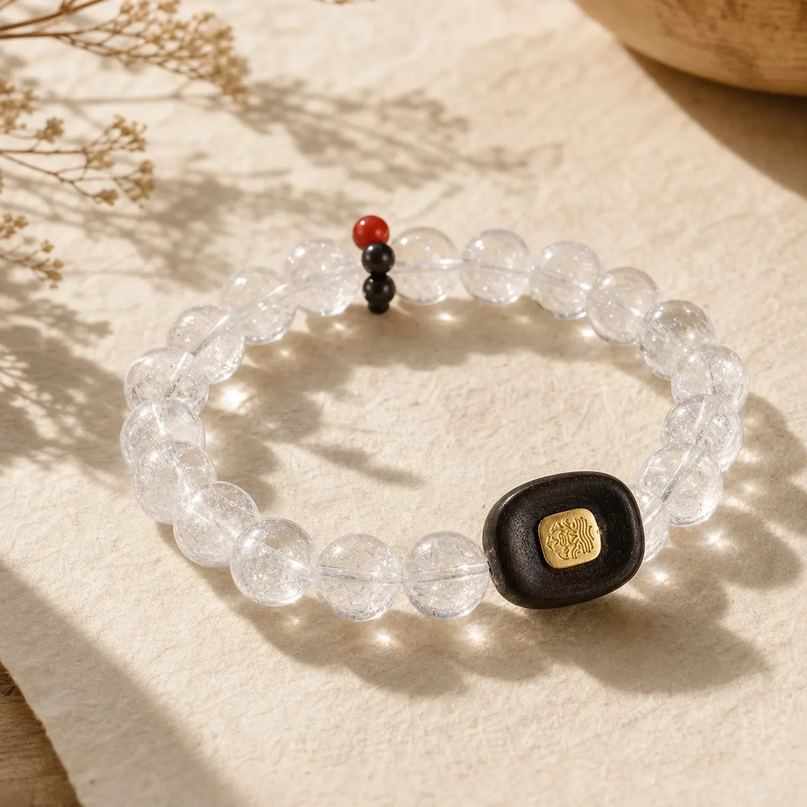 White Crystal Ebony Wood Sak Yant Zashi Lhamo Healing Bracelet featuring Clear Quartz / White Crystal, Ebony Wood, Ebony