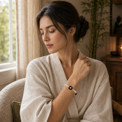 White Crystal Ebony Wood Sak Yant Zashi Lhamo Healing Bracelet featuring Clear Quartz / White Crystal, Ebony Wood, Ebony