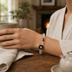 White Crystal Ebony Wood Sak Yant Zashi Lhamo Healing Bracelet featuring Clear Quartz / White Crystal, Ebony Wood, Ebony