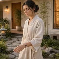 White Crystal Ebony Wood Sak Yant Zashi Lhamo Healing Bracelet featuring Clear Quartz / White Crystal, Ebony Wood, Ebony