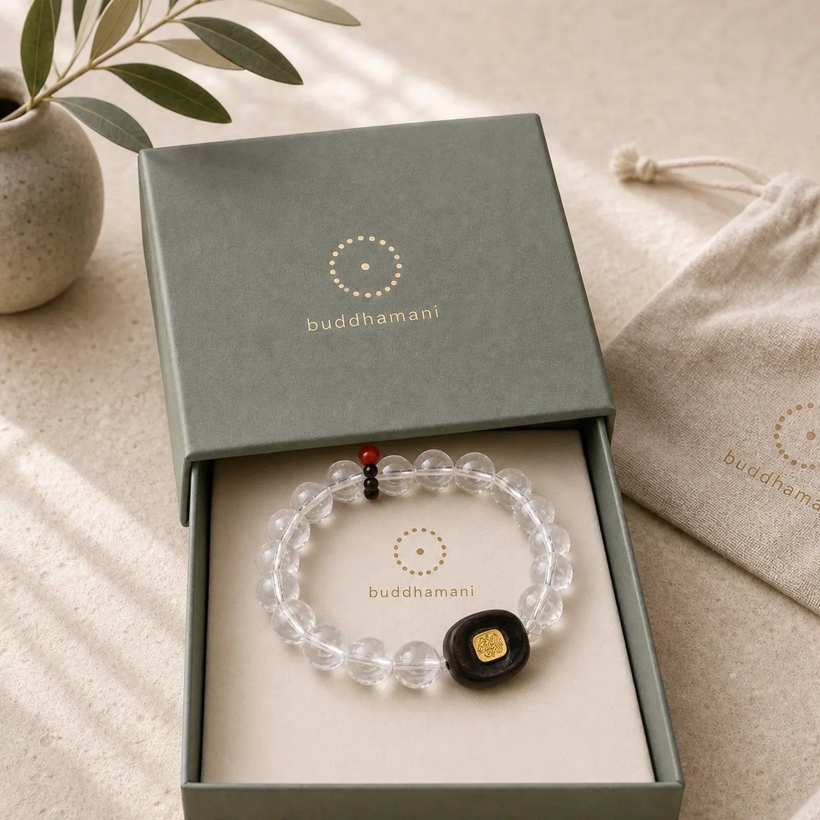 White Crystal Ebony Wood Sak Yant Zashi Lhamo Healing Bracelet featuring Clear Quartz / White Crystal, Ebony Wood, Ebony