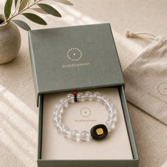 White Crystal Ebony Wood Sak Yant Zashi Lhamo Healing Bracelet featuring Clear Quartz / White Crystal, Ebony Wood, Ebony