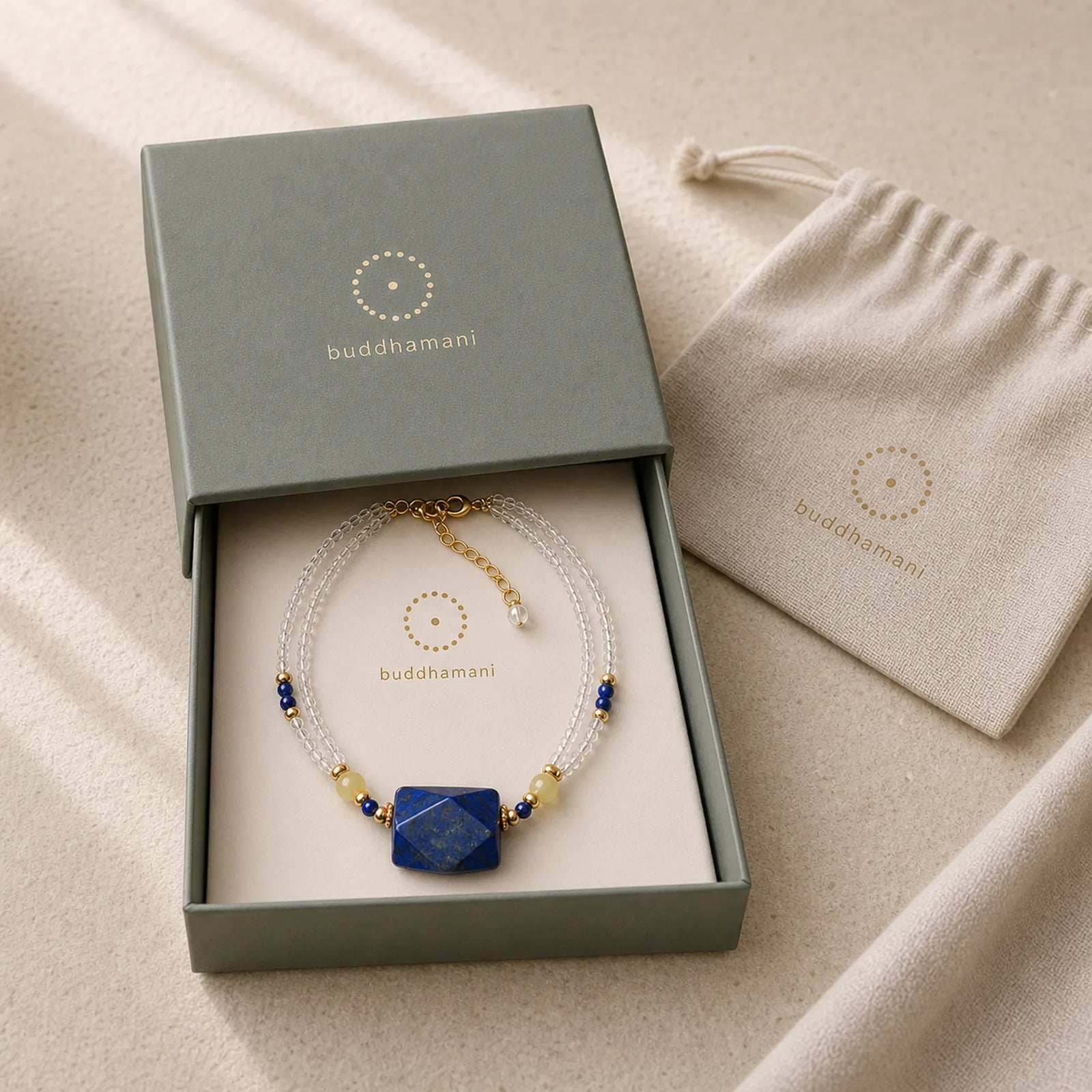 White Crystal Lazurite Healing Meditation Necklace Pendant featuring Clear Quartz / White Crystal, Lapis Lazuli (Lazurite), Rutilated Quartz