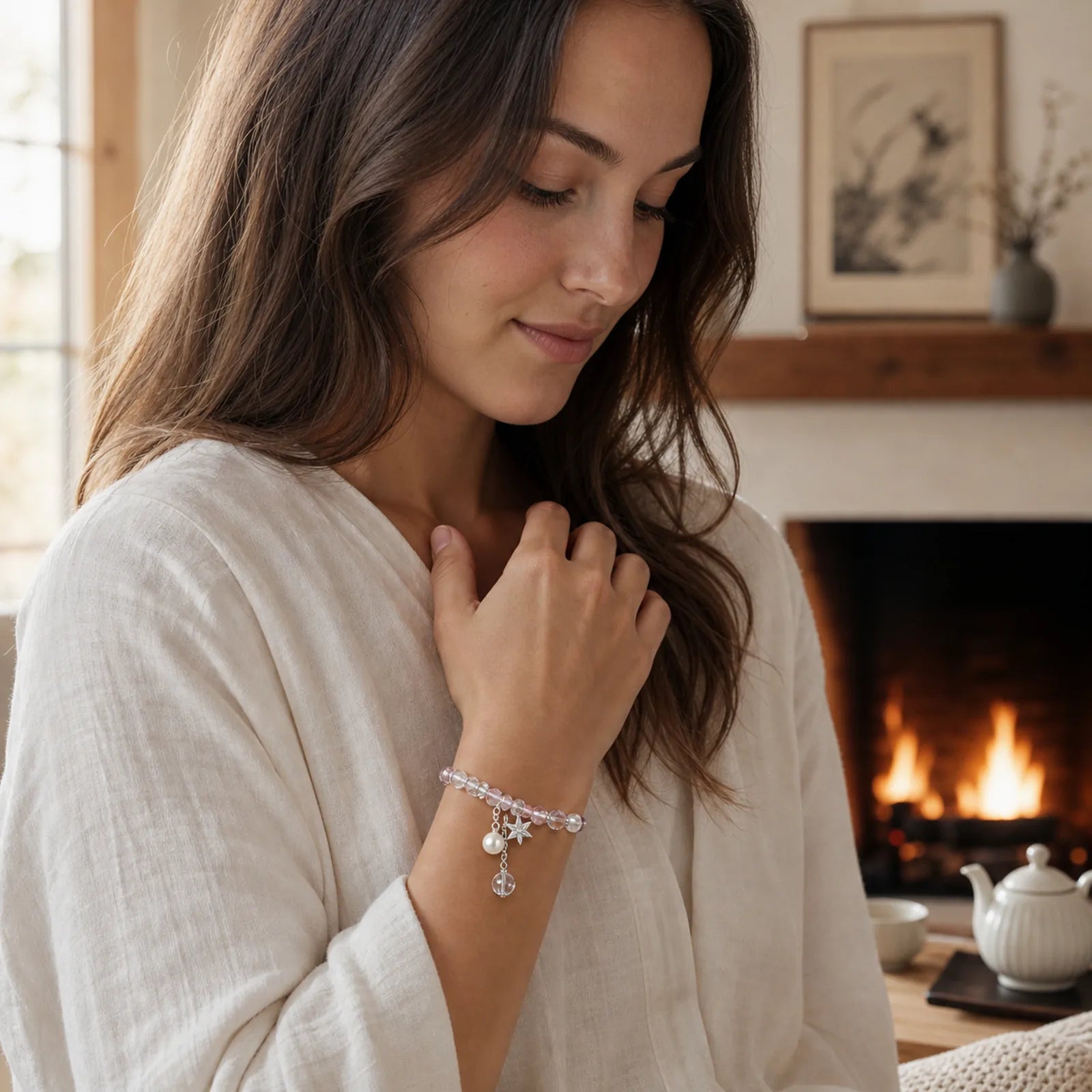 White Crystal Pink Crystal Protection Star Charm Bracelet featuring Clear Quartz / White Crystal, Pink Crystal, Copper