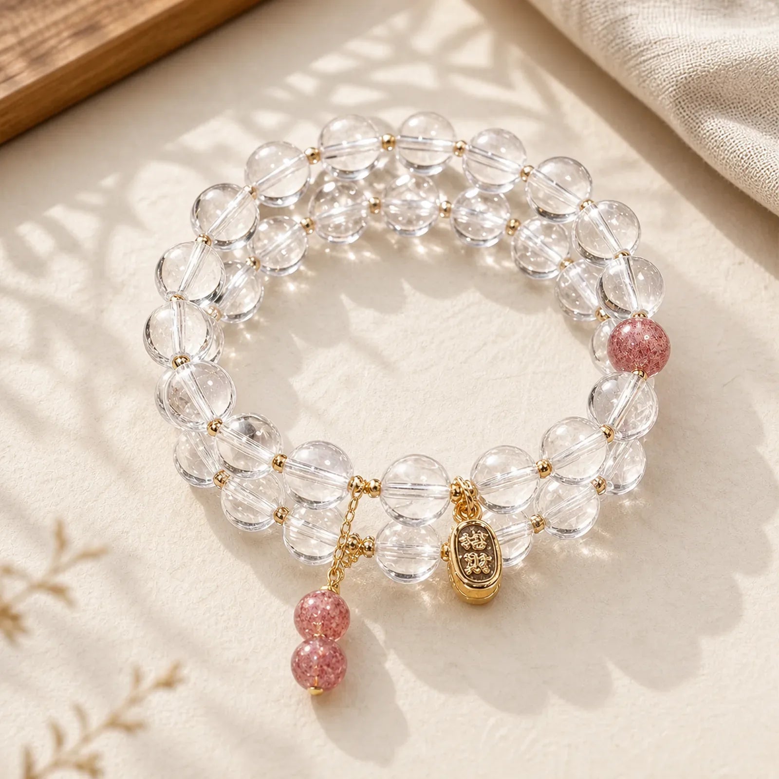 White Crystal Strawberry Quartz Healing Attract Fortune Charm Bracelet featuring Clear Quartz / White Crystal, Strawberry Quartz, Copper