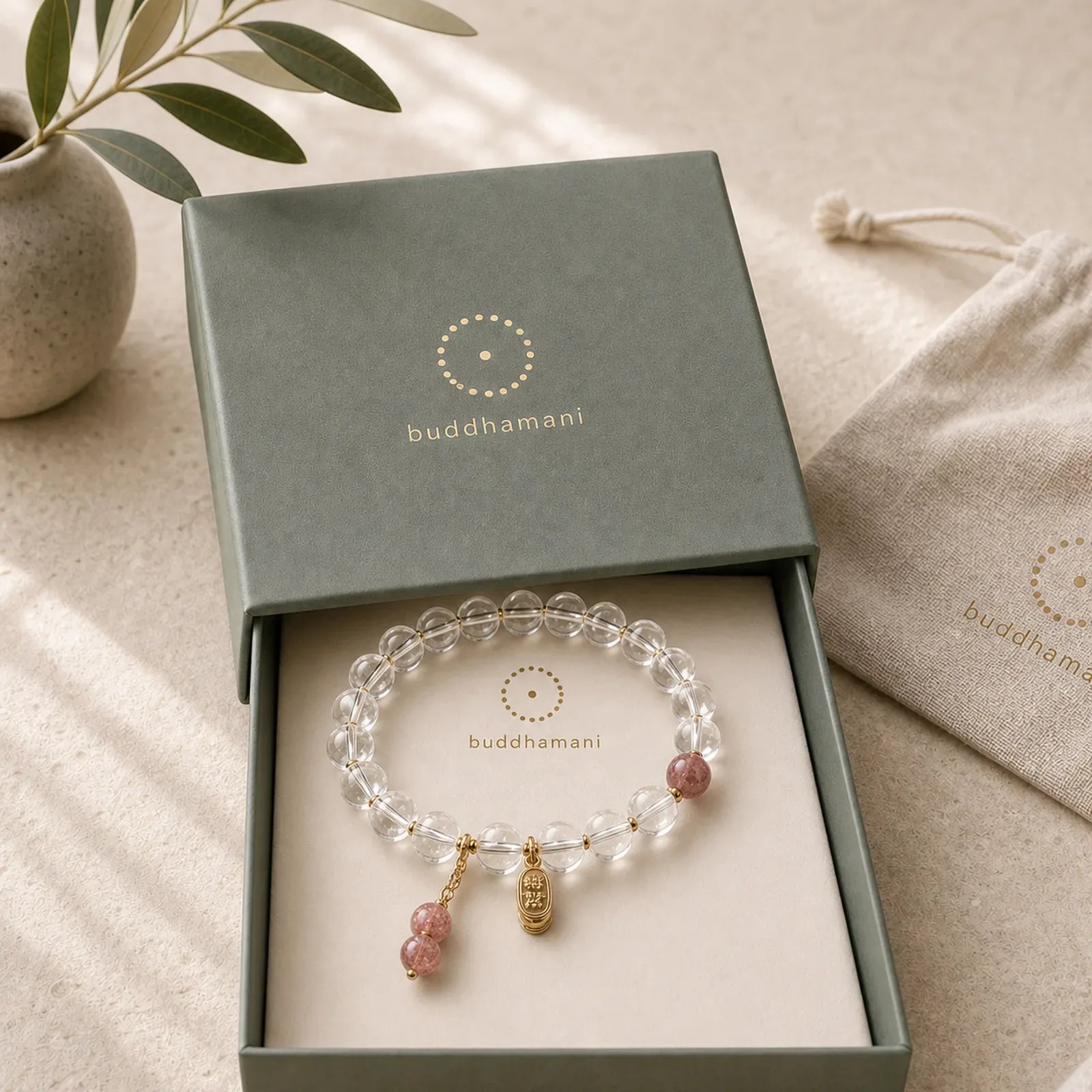White Crystal Strawberry Quartz Healing Attract Fortune Charm Bracelet featuring Clear Quartz / White Crystal, Strawberry Quartz, Copper