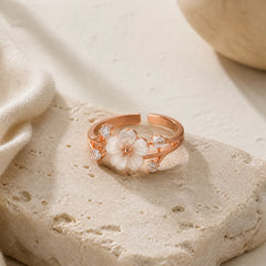 White Flower Design Adjustable Healing Copper Ring featuring Copper