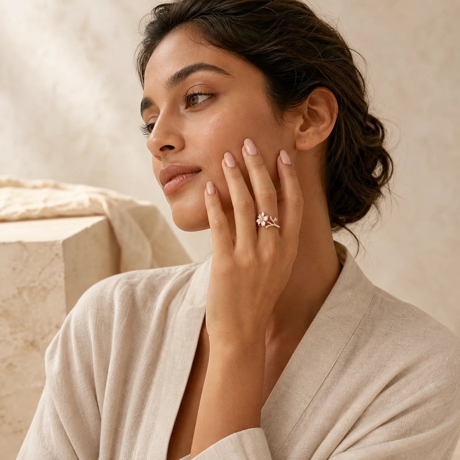 White Flower Design Adjustable Healing Copper Ring featuring Copper