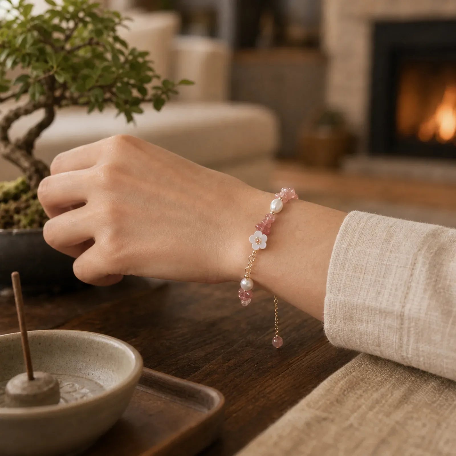 White Flower Pearl Natural Irregular Strawberry Quartz Healing Chain Bracelet featuring Pearl, Strawberry Quartz, Copper