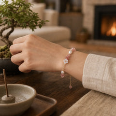 White Flower Pearl Natural Irregular Strawberry Quartz Healing Chain Bracelet featuring Pearl, Strawberry Quartz, Copper