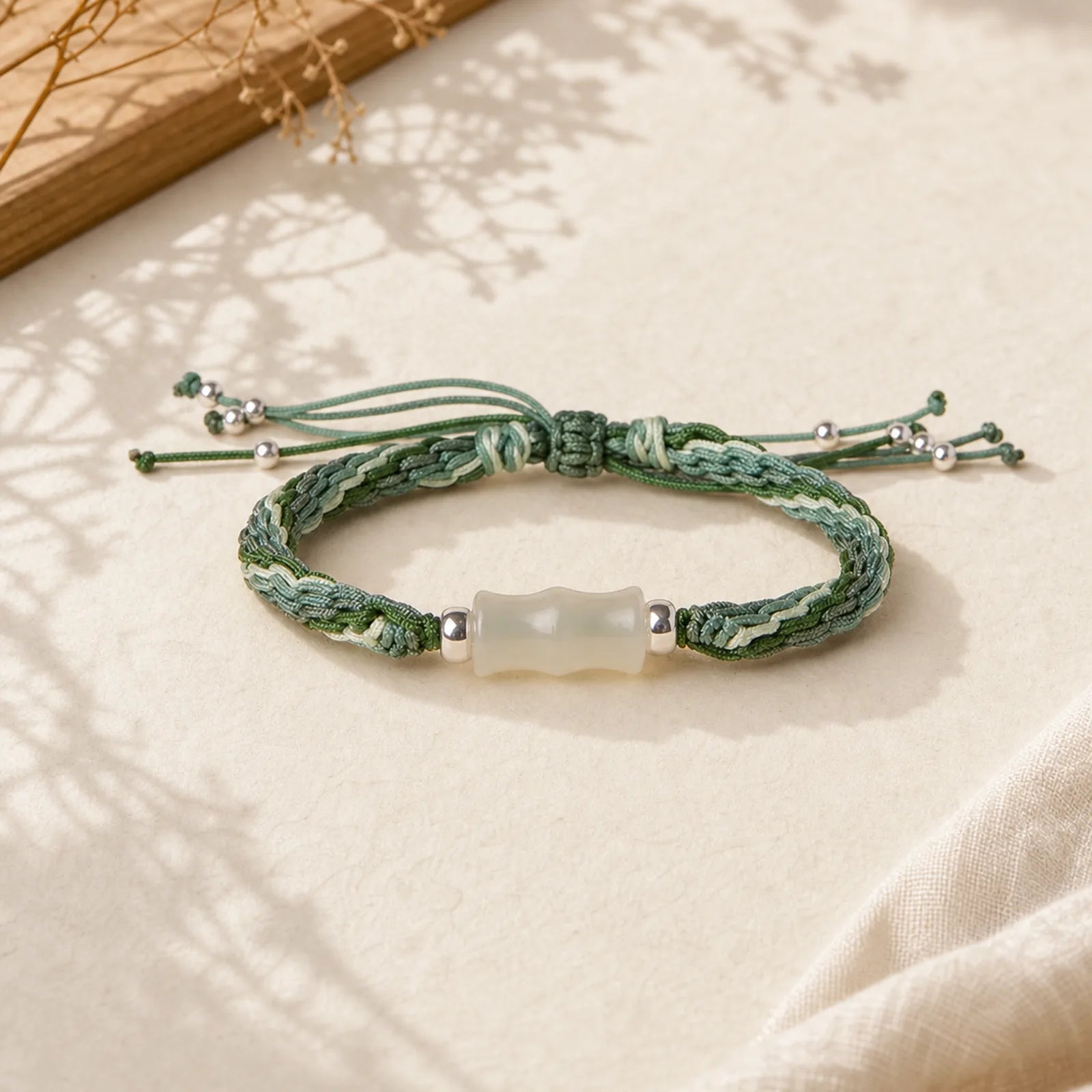 White Jade Bamboo Reincarnation Knot Wealth Luck Strength String Bracelet featuring White Jade, Jade, Bamboo